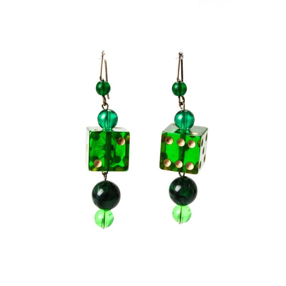 Designer Womens Vintage Green Bakelite Dice + Bead Dangle Earrings